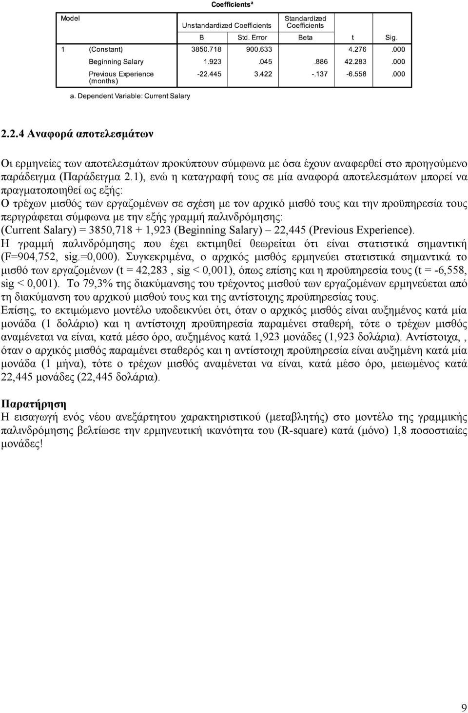 σύμφωνα με την εξής γραμμή παλινδρόμησης: (Current Salary) = 3850,718 + 1,923 (Beginning Salary) 22,445 (Previous Experience).