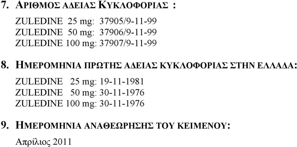ΗΜΕΡΟΜΗΝΙΑ ΠΡΩΤΗΣ ΑΔΕΙΑΣ ΚΥΚΛΟΦΟΡΙΑΣ ΣΤΗΝ ΕΛΛΑΔΑ: ZULEDINE 25 mg: 19-11-1981