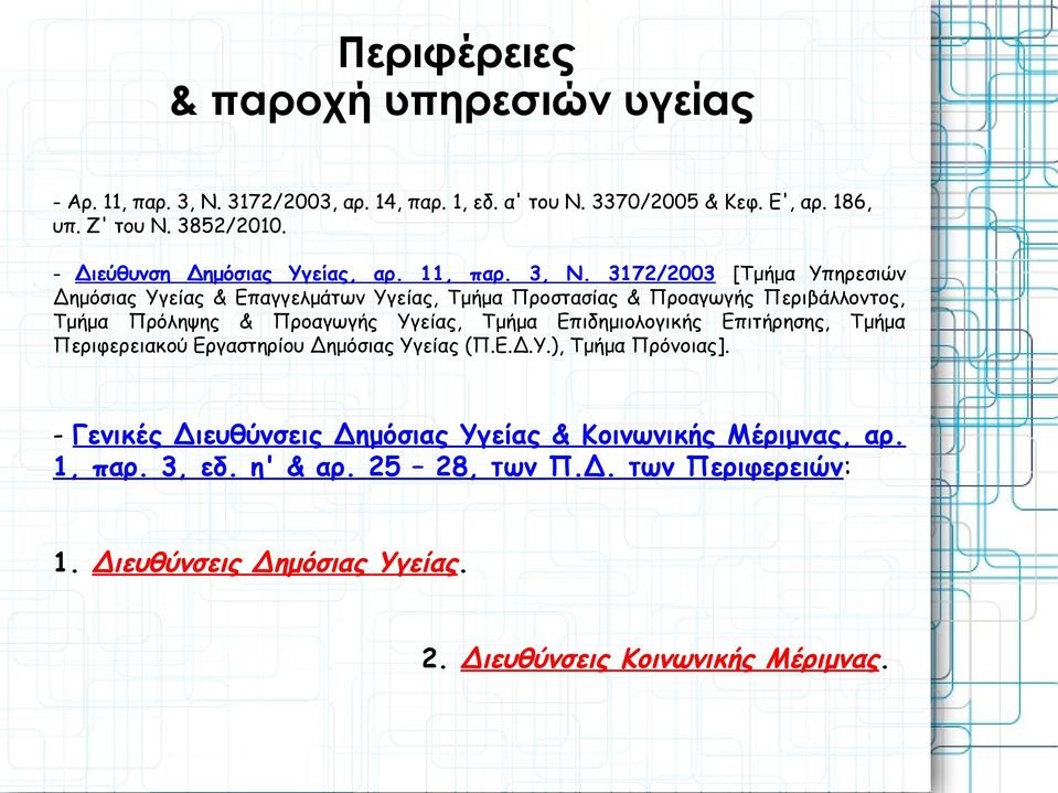 3172/2003 [Τμήμα Υπηρεσιών Δημόσιας Υγείας & Επαγγελμάτων Υγείας, Τμήμα Προστασίας & Προαγωγής Περιβάλλοντος, Τμήμα Πρόληψης & Προαγωγής Υγείας, Τμήμα