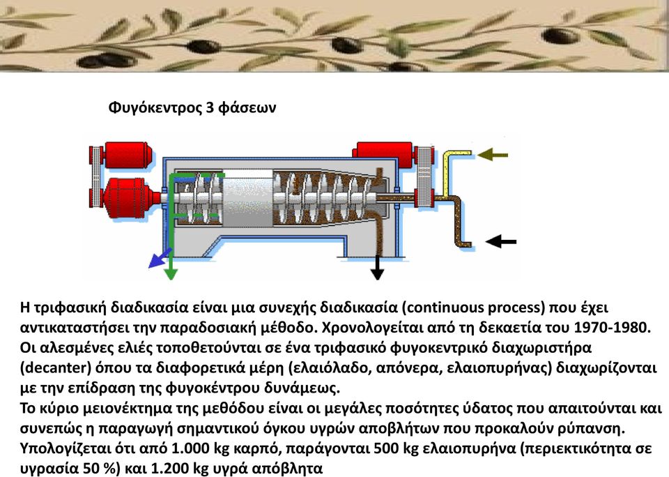 Οι αλεσµένες ελιές τοποθετούνται σε ένα τριφασικό φυγοκεντρικό διαχωριστήρα (decanter) όπου τα διαφορετικά µέρη (ελαιόλαδο, απόνερα, ελαιοπυρήνας) διαχωρίζονται µε την