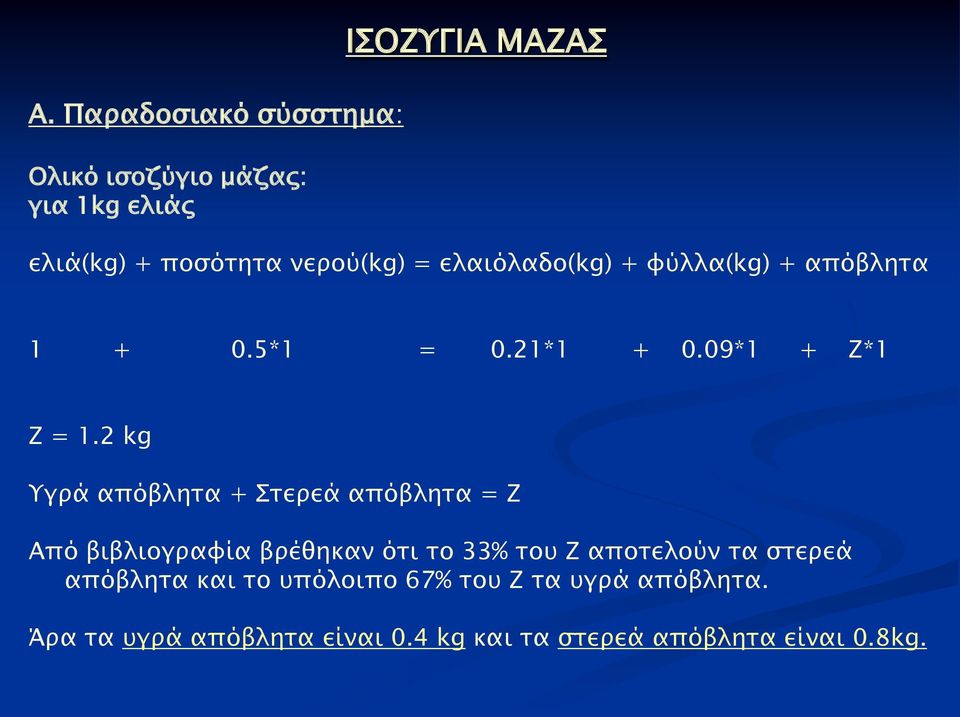 2 kg Υγρά απόβλητα + Στερεά απόβλητα = Ζ Από βιβλιογραφία βρέθηκαν ότι το 33% του Ζ αποτελούν τα