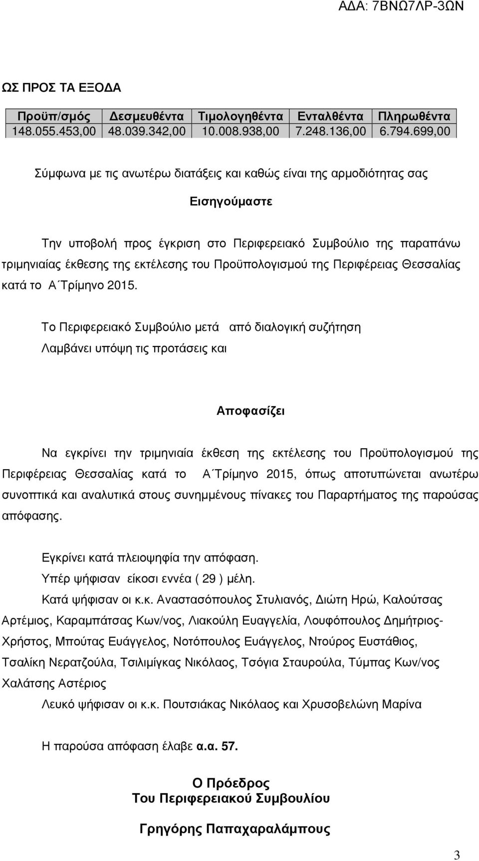 Προϋπολογισµού της Περιφέρειας Θεσσαλίας κατά το Α Τρίµηνο 2015.