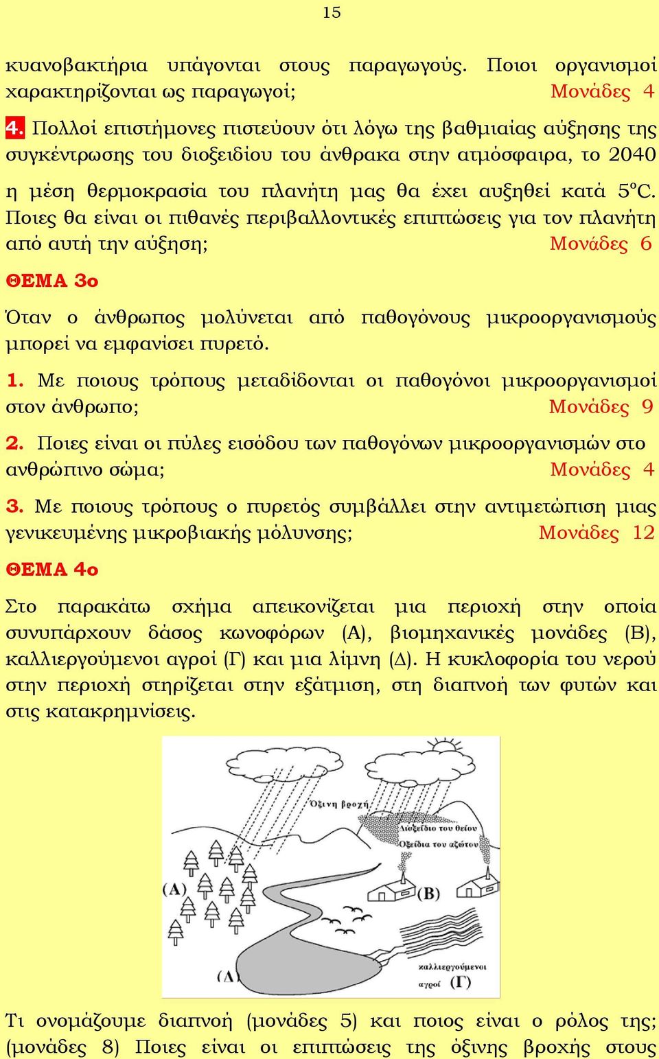 Ποιες θα είναι οι πιθανές περιβαλλοντικές επιπτώσεις για τον πλανήτη από αυτή την αύξηση; Μονάδες 6 ΘΕΜΑ 3ο Όταν ο άνθρωπος μολύνεται από παθογόνους μικροοργανισμούς μπορεί να εμφανίσει πυρετό. 1.