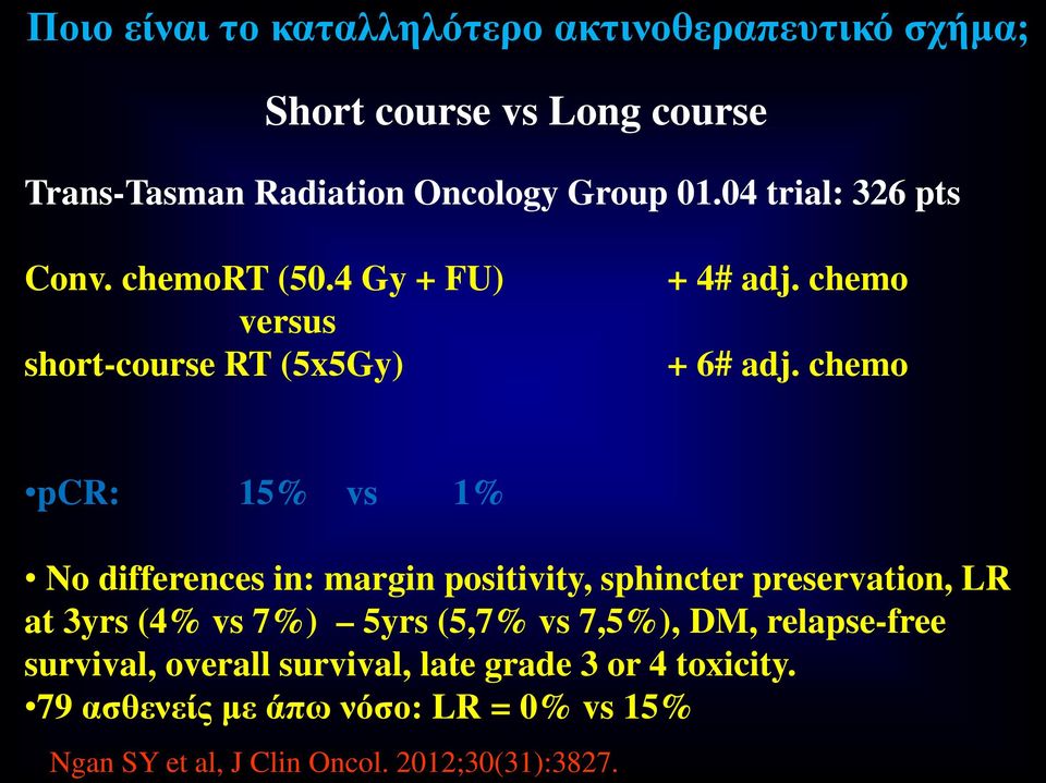 chemo pcr: 15% vs 1% No differences in: margin positivity, sphincter preservation, LR at 3yrs (4% vs 7%) 5yrs (5,7% vs 7,5%),