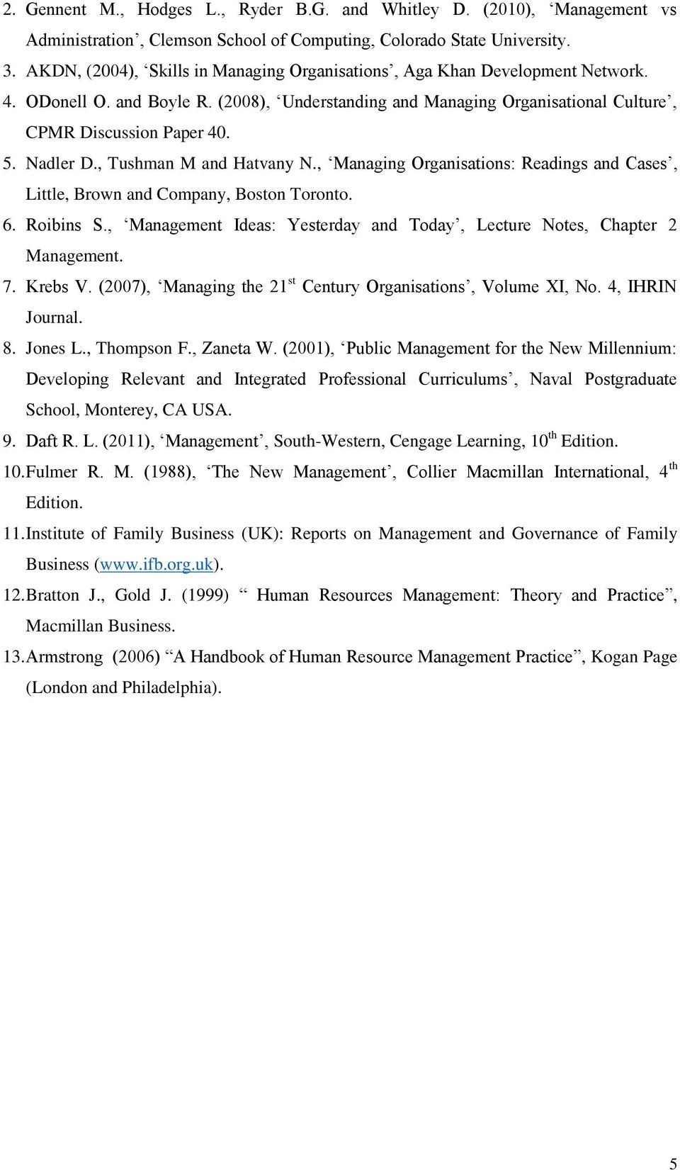 Nadler D., Tushman M and Hatvany N., Managing Organisations: Readings and Cases, Little, Brown and Company, Boston Toronto. 6. Roibins S., Ideas: Yesterday and Today, Lecture Notes, Chapter 2. 7.