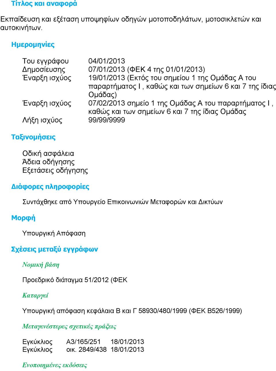 ίδιας Ομάδας) Έναρξη ισχύος 07/02/2013 σημείο 1 της Ομάδας Α του παραρτήματος Ι, καθώς και των σημείων 6 και 7 της ίδιας Ομάδας Λήξη ισχύος 99/99/9999 Ταξινομήσεις Οδική ασφάλεια Άδεια οδήγησης