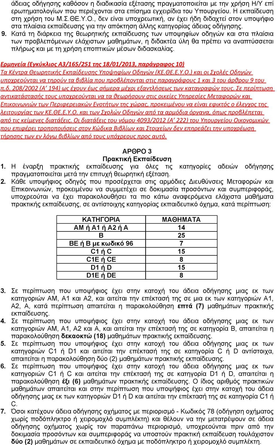 Κατά τη διάρκεια της θεωρητικής εκπαίδευσης των υποψηφίων οδηγών και στα πλαίσια των προβλεπόμενων ελάχιστων μαθημάτων, η διδακτέα ύλη θα πρέπει να αναπτύσσεται πλήρως και με τη χρήση εποπτικών μέσων