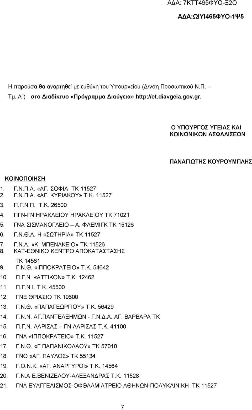 ΦΛΕΜΙΓΚ ΤΚ 15126 Γ.Ν.Θ.Α. Η «ΣΩΤΗΡΙΑ» ΤΚ 11527 7. Γ.Ν.Α. «Κ. ΜΠΕΝΑΚΕΙΟ» ΤΚ 11526 8. ΚΑΤ-ΕΘΝΙΚΟ ΚΕΝΤΡΟ ΑΠΟΚΑΤΑΣΤΑΣΗΣ ΤΚ 14561 9. Γ.Ν.Θ. «ΙΠΠΟΚΡΑΤΕΙΟ» Τ.Κ. 54642 10. Π.Γ.Ν. «ΑΤΤΙΚΟΝ» Τ.Κ. 12462 11. Π.Γ.Ν.Ι. Τ.Κ. 45500 12.