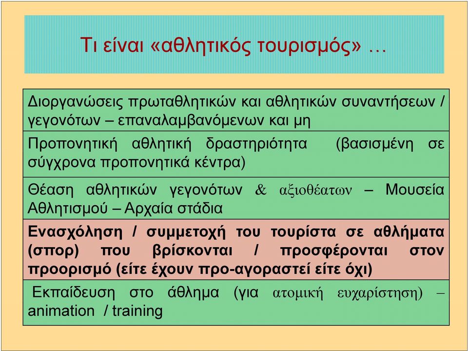 αξιοθέατων Μουσεία Αθλητισμού Αρχαία στάδια Ενασχόληση / συμμετοχή του τουρίστα σε αθλήματα (σπορ) που βρίσκονται /