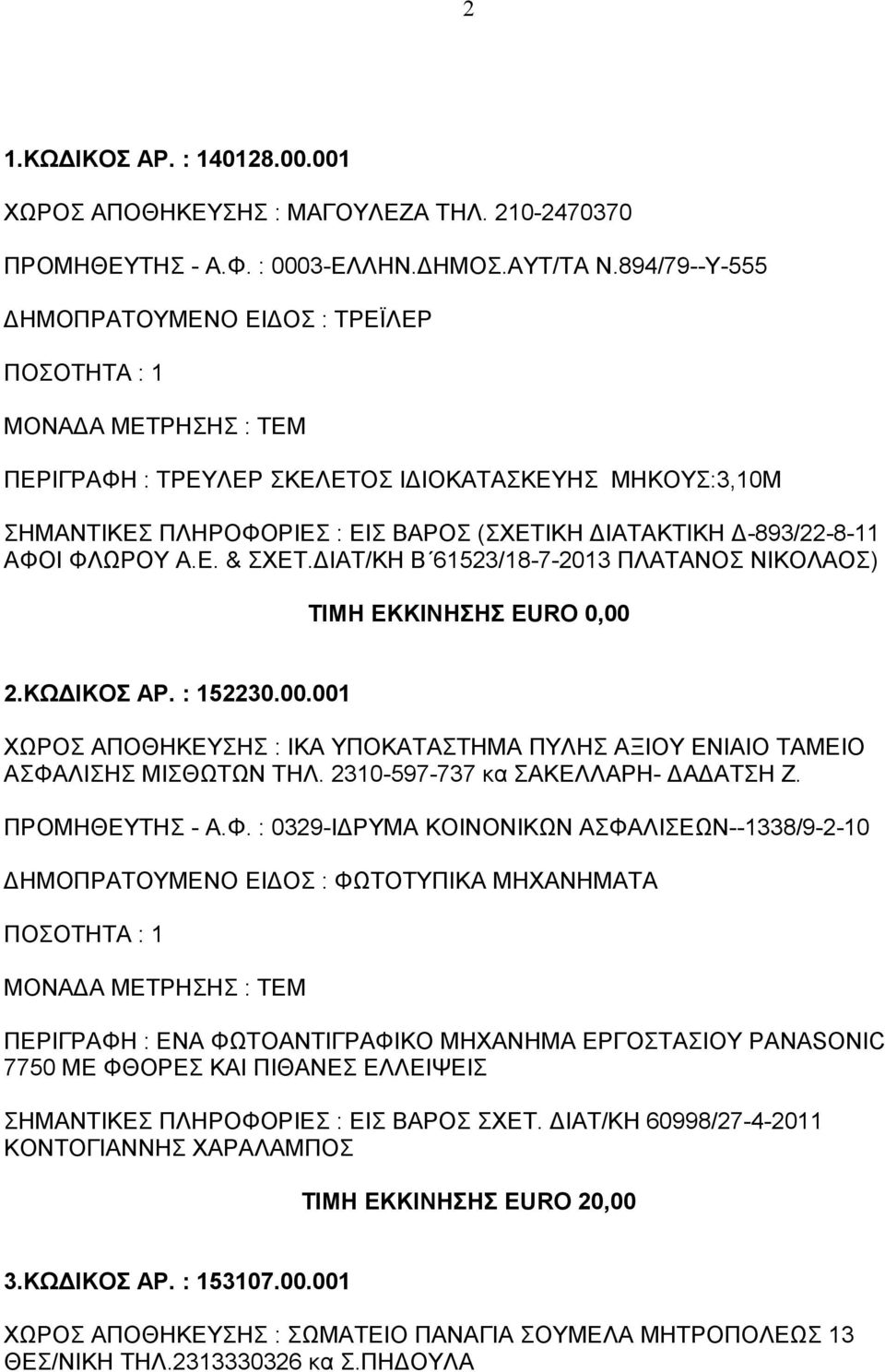 ΔΙΑΤ/ΚΗ Β 61523/18-7-2013 ΠΛΑΤΑΝΟΣ ΝΙΚΟΛΑΟΣ) 2.ΚΩΔΙΚΟΣ ΑΡ. : 152230.00.001 ΧΩΡΟΣ ΑΠΟΘΗΚΕΥΣΗΣ : ΙΚΑ ΥΠΟΚΑΤΑΣΤΗΜΑ ΠΥΛΗΣ ΑΞΙΟΥ ΕΝΙΑΙΟ ΤΑΜΕΙΟ ΑΣΦΑΛΙΣΗΣ ΜΙΣΘΩΤΩΝ ΤΗΛ. 2310-597-737 κα ΣΑΚΕΛΛΑΡΗ- ΔΑΔΑΤΣΗ Ζ.