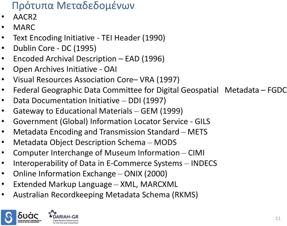 (1999) Government (Global) Information Locator Service - GILS Metadata Encoding and Transmission Standard METS Metadata Object Description Schema MODS Computer Interchange of Museum