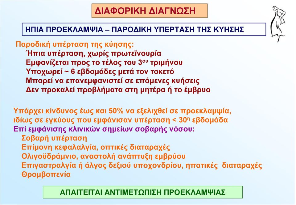 50% να εξελιχθεί σε προεκλαμψία, ιδίως σε εγκύους που εμφάνισαν υπέρταση < 30 η εβδομάδα Επί εμφάνισης κλινικών σημείων σοβαρής νόσου: Σοβαρή υπέρταση Επίμονη