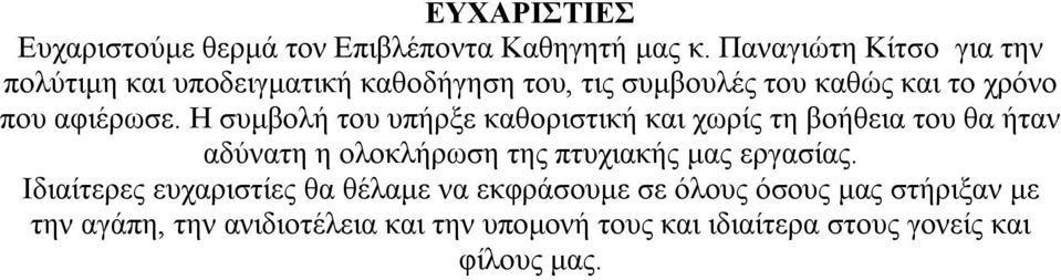 Η συμβολή του υπήρξε καθοριστική και χωρίς τη βοήθεια του θα ήταν αδύνατη η ολοκλήρωση της πτυχιακής μας εργασίας.