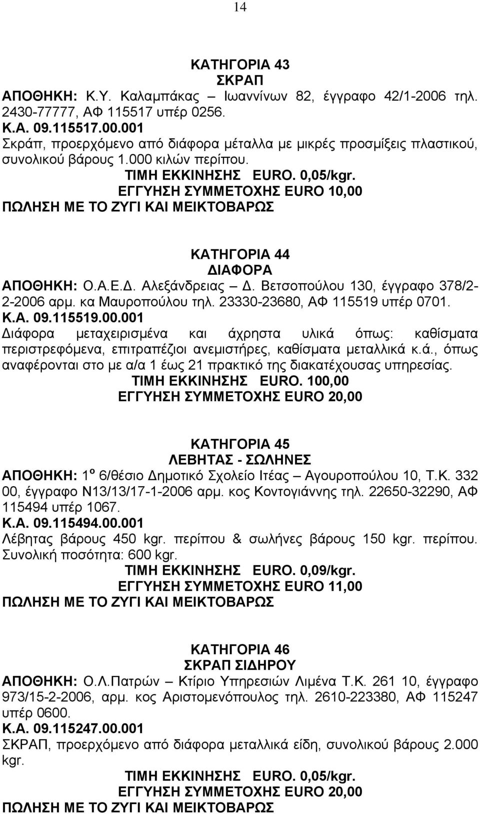 κα Μαυροπούλου τηλ. 23330-23680, ΑΦ 115519 υπέρ 0701. Κ.Α. 09.115519.00.001 ιάφορα µεταχειρισµένα και άχρηστα υλικά όπως: καθίσµατα περιστρεφόµενα, επιτραπέζιοι ανεµιστήρες, καθίσµατα µεταλλικά κ.ά., όπως αναφέρονται στο µε α/α 1 έως 21 πρακτικό της διακατέχουσας υπηρεσίας.