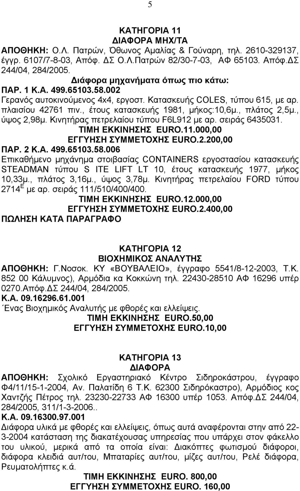 , πλάτος 2,5µ., ύψος 2,98µ. Κινητήρας πετρελαίου τύπου F6L912 µε αρ. σειράς 6435031. ΤΙΜΗ ΕΚΚΙΝΗΣΗΣ EURO.11.000,00 ΕΓΓΥΗΣΗ ΣΥΜΜΕΤΟΧΗΣ EURO.2.200,00 ΠΑΡ. 2 Κ.Α. 499.65103.58.