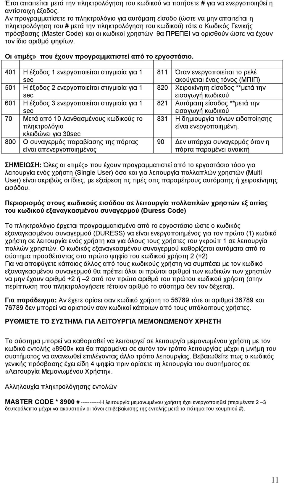 χρηστών θα ΠΡΕΠΕΙ να ορισθούν ώστε να έχουν τον ίδιο αριθµό ψηφίων. Οι «τιµές» που έχουν προγραµµατιστεί από το εργοστάσιο.