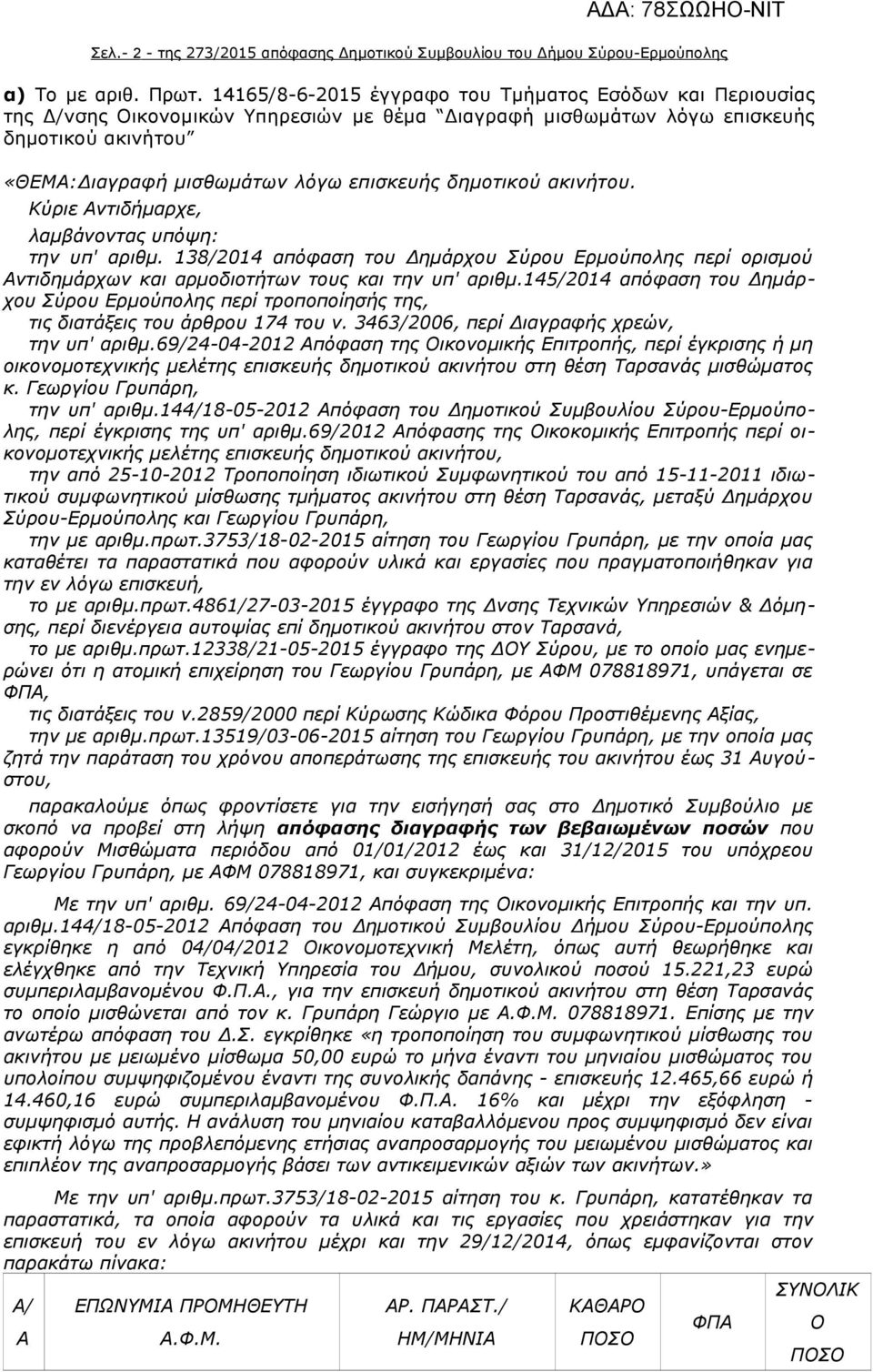 δημοτικού ακινήτου. Κύριε Αντιδήμαρχε, λαμβάνοντας υπόψη: την υπ' αριθμ. 138/2014 απόφαση του Δημάρχου Σύρου Ερμούπολης περί ορισμού Αντιδημάρχων και αρμοδιοτήτων τους και την υπ' αριθμ.