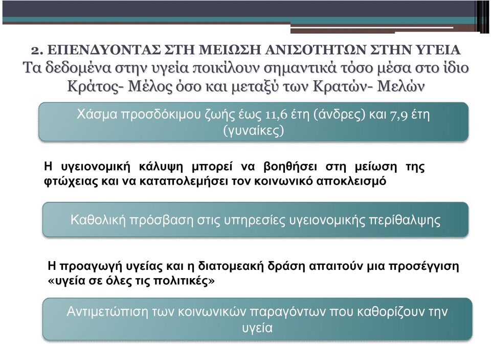 μείωση της φτώχειας και να καταπολεμήσει τον κοινωνικό αποκλεισμό Καθολική πρόσβαση στις υπηρεσίες υγειονομικής περίθαλψης Η προαγωγή