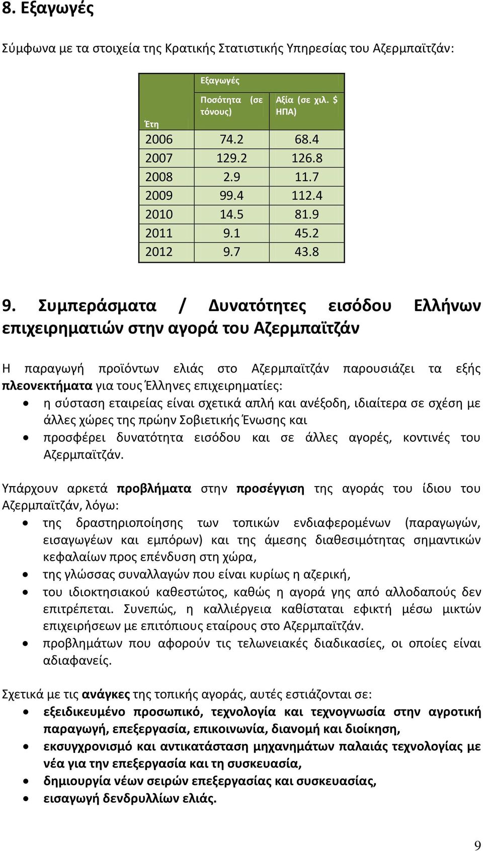 Συμπεράσματα / Δυνατότητες εισόδου Ελλήνων επιχειρηματιών στην αγορά του Αζερμπαϊτζάν Η παραγωγή προϊόντων ελιάς στο Αζερμπαϊτζάν παρουσιάζει τα εξής πλεονεκτήματα για τους Έλληνες επιχειρηματίες: η