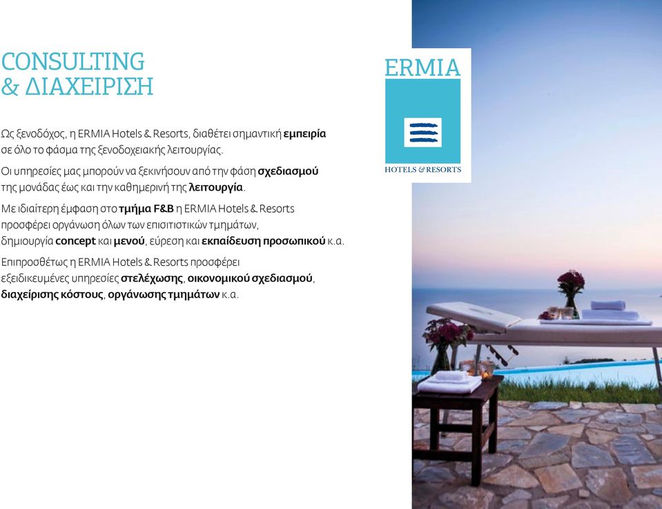Με ιδιαίτερη έμφαση στο τμήμα F&B η ERMIA Hotels & Resorts προσφέρει οργάνωση όλων των επισιτιστικών τμημάτων, δημιουργία concept και μενού,