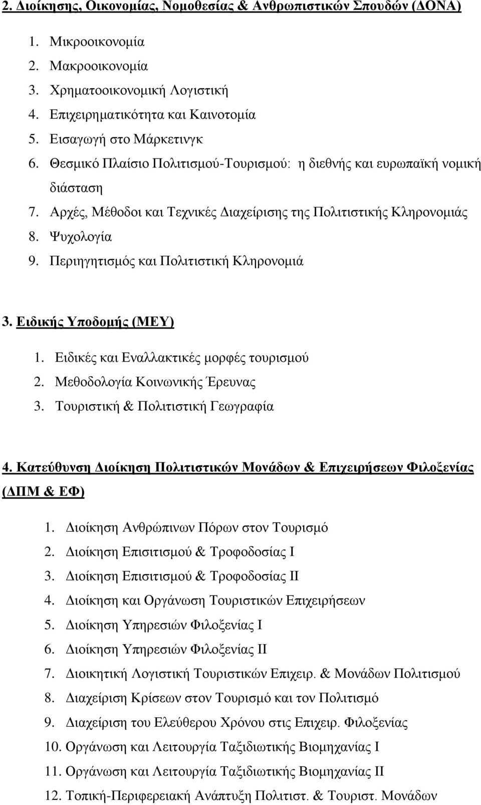 Περιηγητισμός και Πολιτιστική Κληρονομιά 3. Ειδικής Υποδομής (ΜΕΥ) 1. Ειδικές και Εναλλακτικές μορφές τουρισμού 2. Μεθοδολογία Κοινωνικής Έρευνας 3. Τουριστική & Πολιτιστική Γεωγραφία 4.