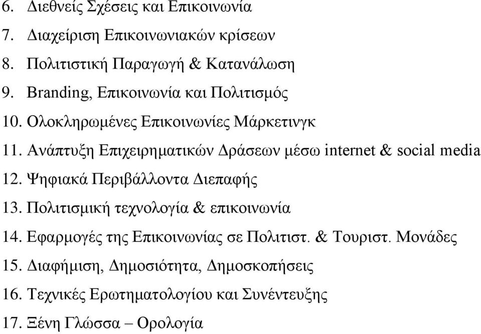 Ανάπτυξη Επιχειρηματικών Δράσεων μέσω internet & social media 12. Ψηφιακά Περιβάλλοντα Διεπαφής 13.