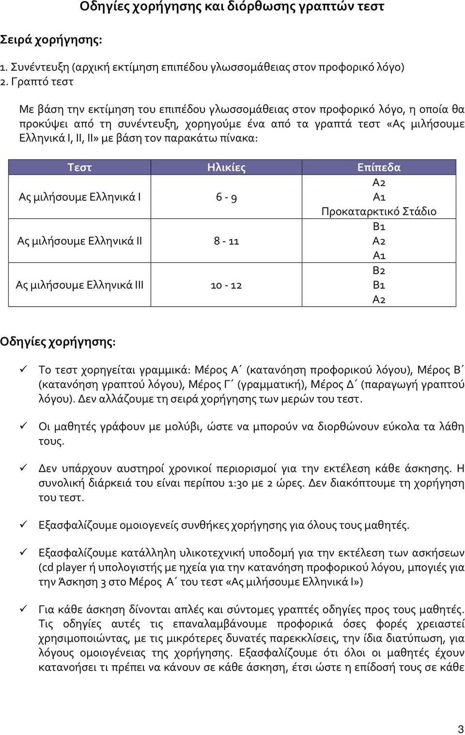 παρακάτω πίνακα: Τεστ Ηλικίες Επίπεδα Ας μιλήσουμε Ελληνικά Ι 6 9 Α2 Α1 Προκαταρκτικό Στάδιο Ας μιλήσουμε Ελληνικά ΙΙ 8 11 Β1 Α2 Α1 Ας μιλήσουμε Ελληνικά ΙΙΙ 10 12 Β2 Β1 Α2 Οδηγίες χορήγησης: Το τεστ