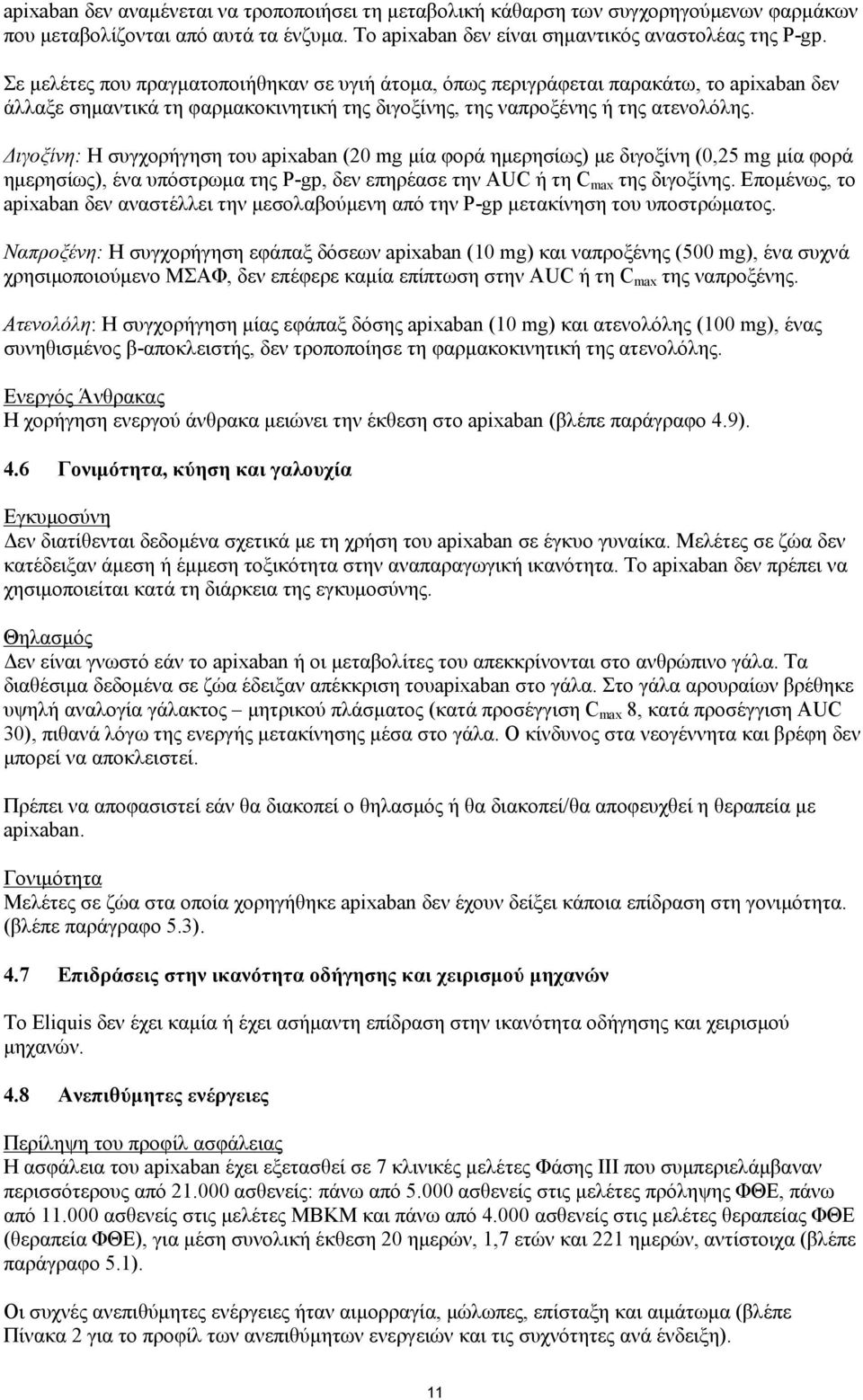 Διγοξίνη: Η συγχορήγηση του apixaban (20 mg μία φορά ημερησίως) με διγοξίνη (0,25 mg μία φορά ημερησίως), ένα υπόστρωμα της P-gp, δεν επηρέασε την AUC ή τη C max της διγοξίνης.