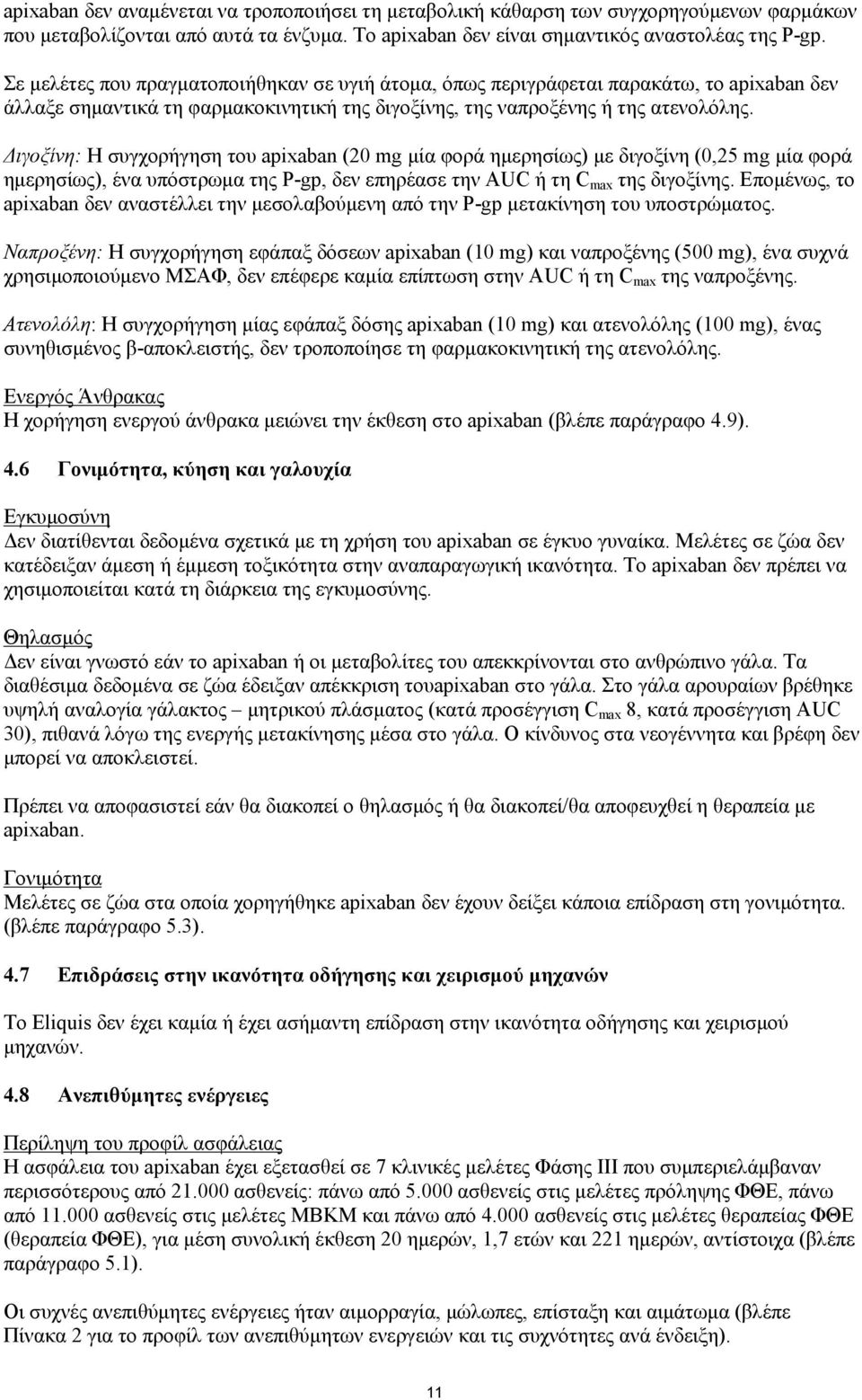 Διγοξίνη: Η συγχορήγηση του apixaban (20 mg μία φορά ημερησίως) με διγοξίνη (0,25 mg μία φορά ημερησίως), ένα υπόστρωμα της P-gp, δεν επηρέασε την AUC ή τη C max της διγοξίνης.