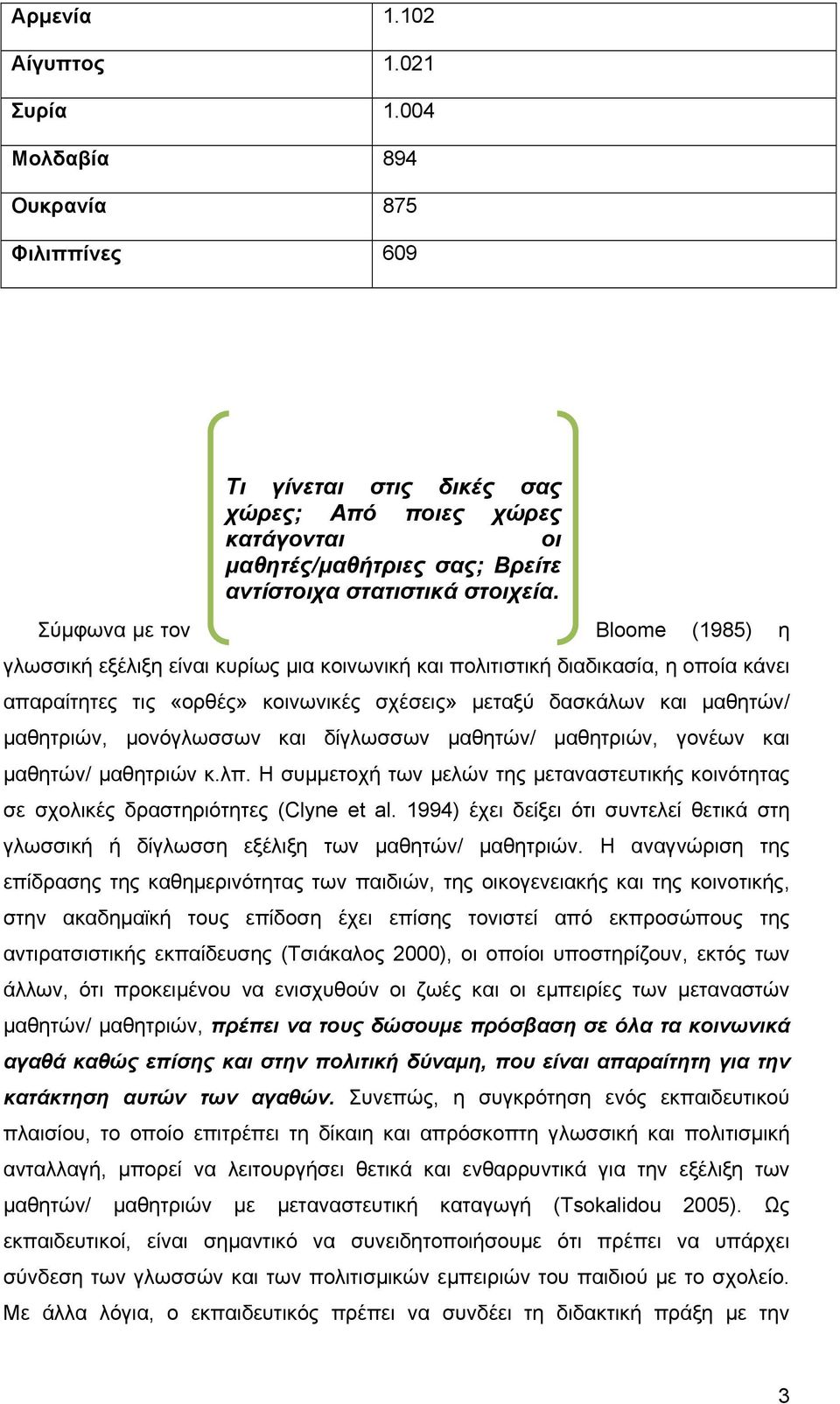 Σύμφωνα με τον Bloome (1985) η γλωσσική εξέλιξη είναι κυρίως μια κοινωνική και πολιτιστική διαδικασία, η οποία κάνει απαραίτητες τις «ορθές» κοινωνικές σχέσεις» μεταξύ δασκάλων και μαθητών/