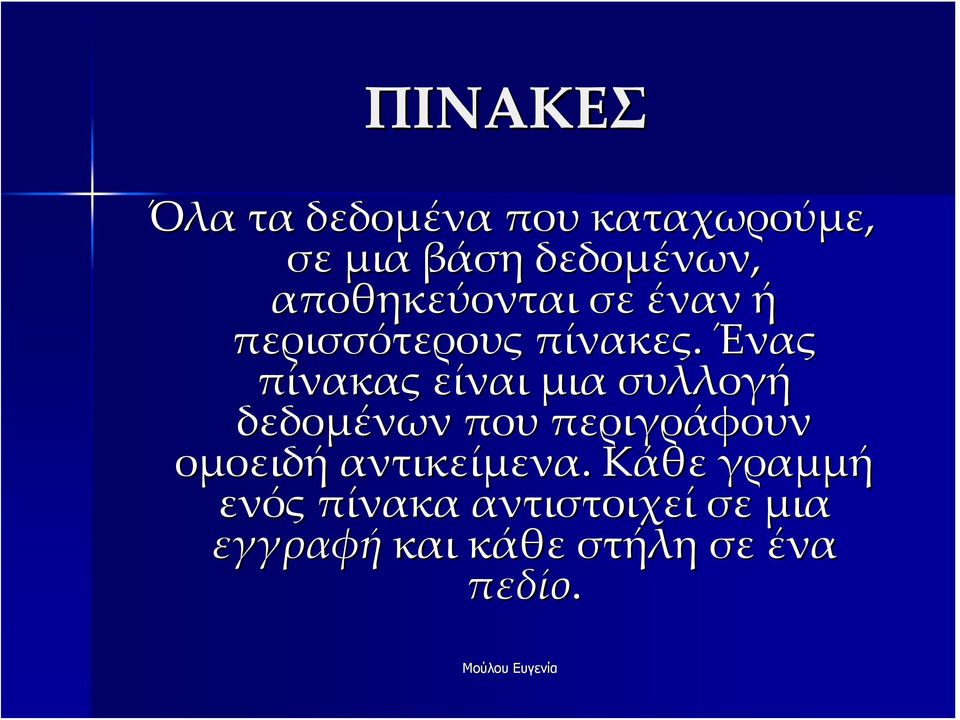 Ένας πίνακας είναι μια συλλογή δεδομένων που περιγράφουν ομοειδή