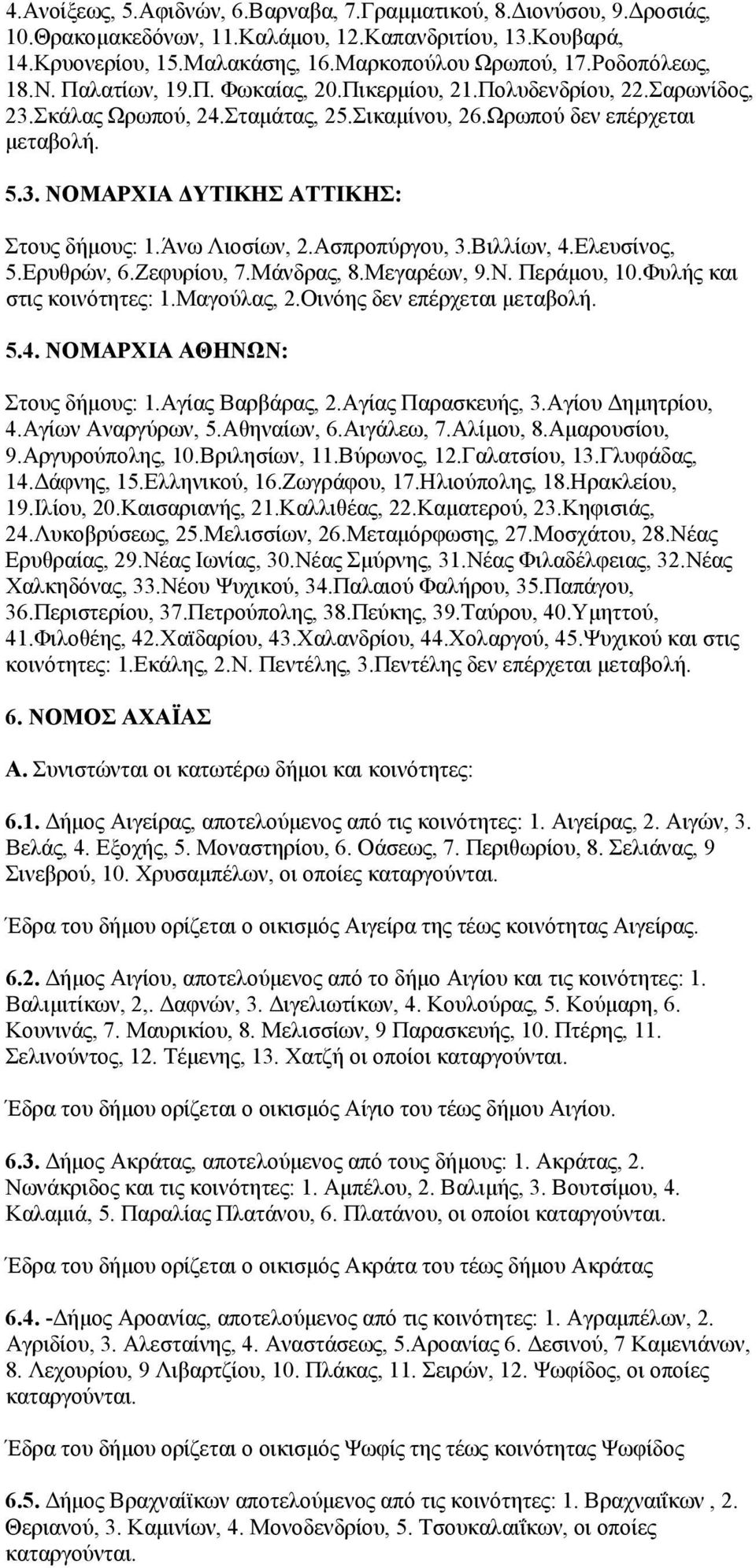 Άνω Λιοσίων, 2.Ασπροπύργου, 3.Βιλλίων, 4.Ελευσίνος, 5.Ερυθρών, 6.Ζεφυρίου, 7.Μάνδρας, 8.Μεγαρέων, 9.Ν. Περάμου, 10.Φυλής και στις κοινότητες: 1.Μαγούλας, 2.Οινόης δεν επέρχεται μεταβολή. 5.4. ΝΟΜΑΡΧΙΑ ΑΘΗΝΩΝ: Στους δήμους: 1.