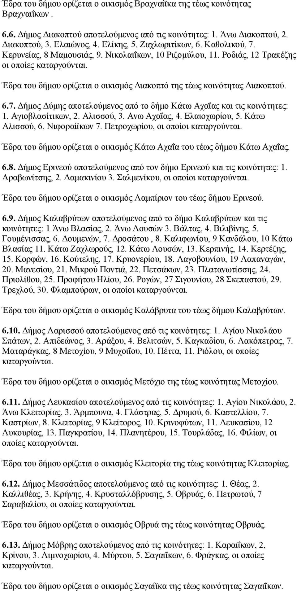 Αγιοβλασίτικων, 2. Αλισσού, 3. Ανω Αχαΐας, 4. Ελαιοχωρίου, 5. Κάτω Αλισσού, 6. Νιφοραίϊκων 7. Πετροχωρίου, οι οποίοι Έδρα του δήμου ορίζεται ο οικισμός Κάτω Αχαΐα του τέως δήμου Κάτω Αχαΐας. 6.8.