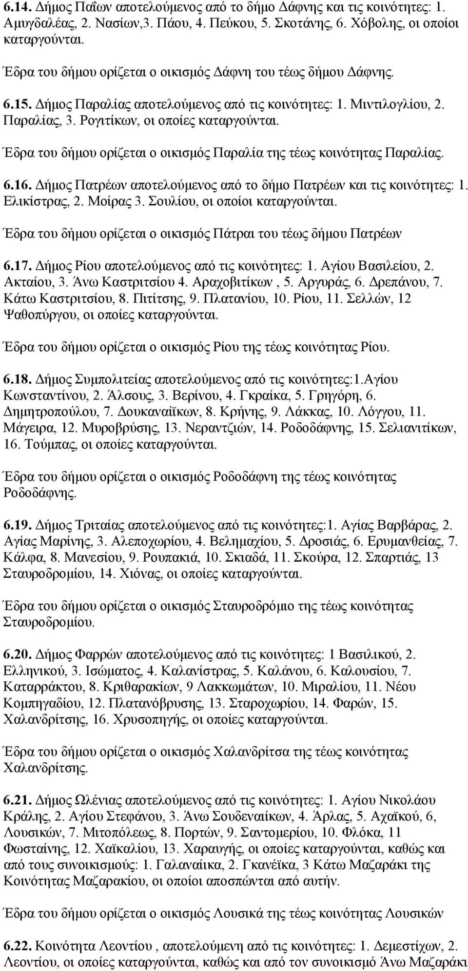 Ρογιτίκων, οι οποίες Έδρα του δήμου ορίζεται ο οικισμός Παραλία της τέως κοινότητας Παραλίας. 6.16. Δήμος Πατρέων αποτελούμενος από το δήμο Πατρέων και τις κοινότητες: 1. Ελικίστρας, 2. Μοίρας 3.