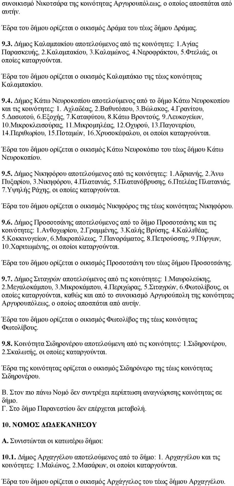 Φτελιάς, οι οποίες Έδρα του δήμου ορίζεται ο οικισμός Καλαμπάκιο της τέως κοινότητας Καλαμπακίου. 9.4. Δήμος Κάτω Νευροκοπίου αποτελούμενος από το δήμο Κάτω Νευροκοπίου και τις κοινότητες: 1.