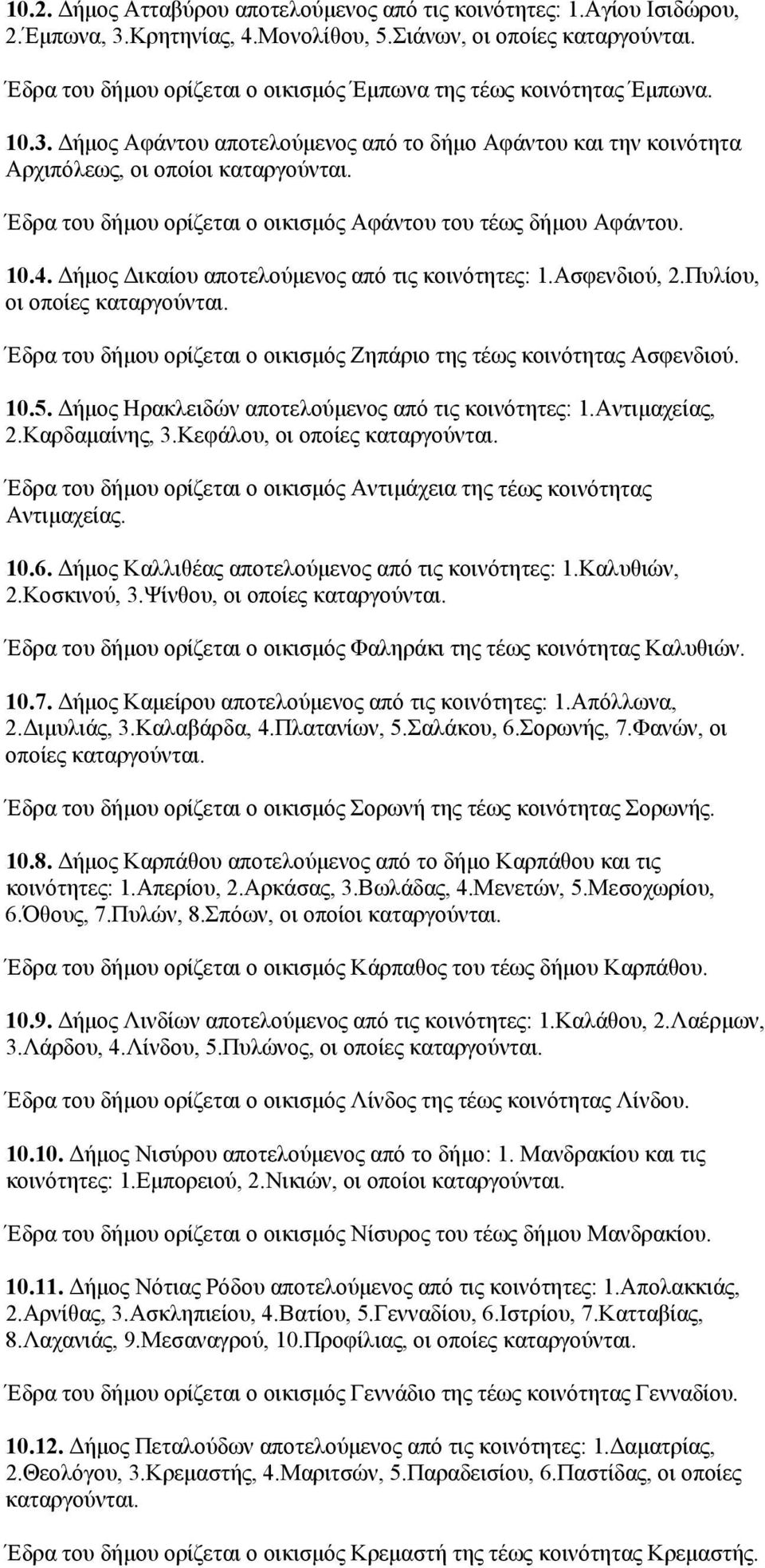 Δήμος Δικαίου αποτελούμενος από τις κοινότητες: 1.Ασφενδιού, 2.Πυλίου, οι οποίες Έδρα του δήμου ορίζεται ο οικισμός Ζηπάριο της τέως κοινότητας Ασφενδιού. 10.5.