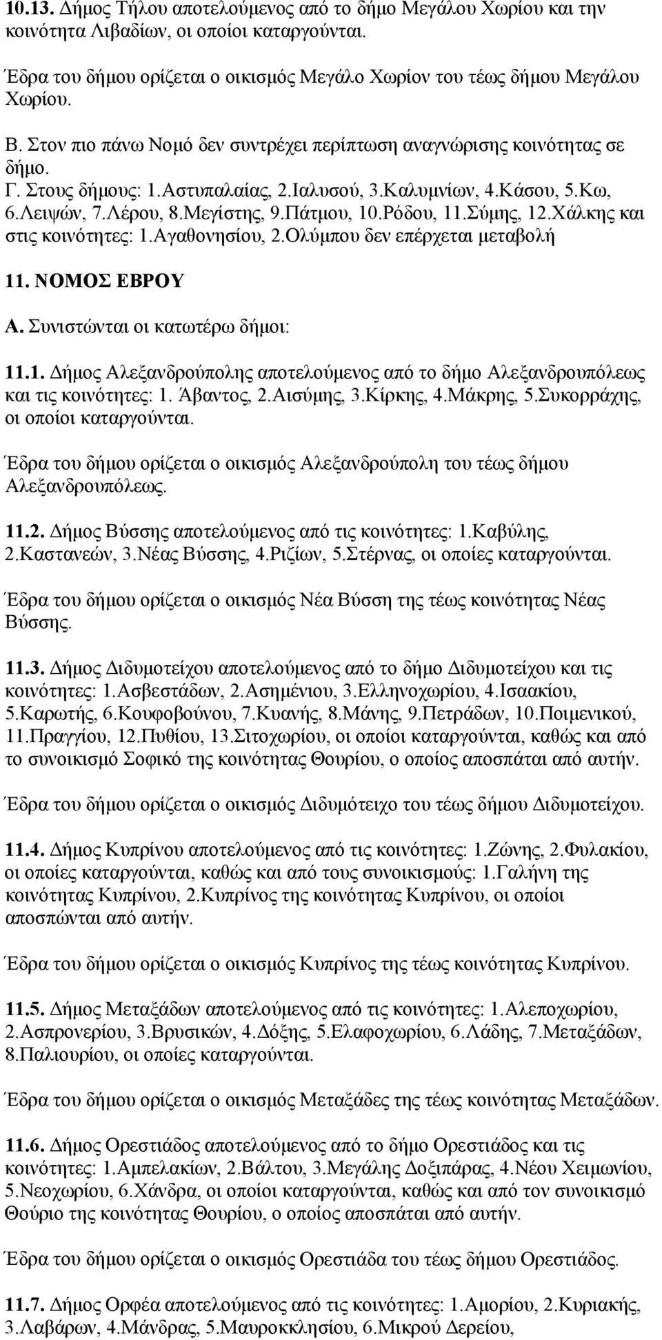 Σύμης, 12.Χάλκης και στις κοινότητες: 1.Αγαθονησίου, 2.Ολύμπου δεν επέρχεται μεταβολή 11. ΝΟΜΟΣ ΕΒΡΟΥ Α. Συνιστώνται οι κατωτέρω δήμοι: 11.1. Δήμος Αλεξανδρούπολης αποτελούμενος από το δήμο Αλεξανδρουπόλεως και τις κοινότητες: 1.