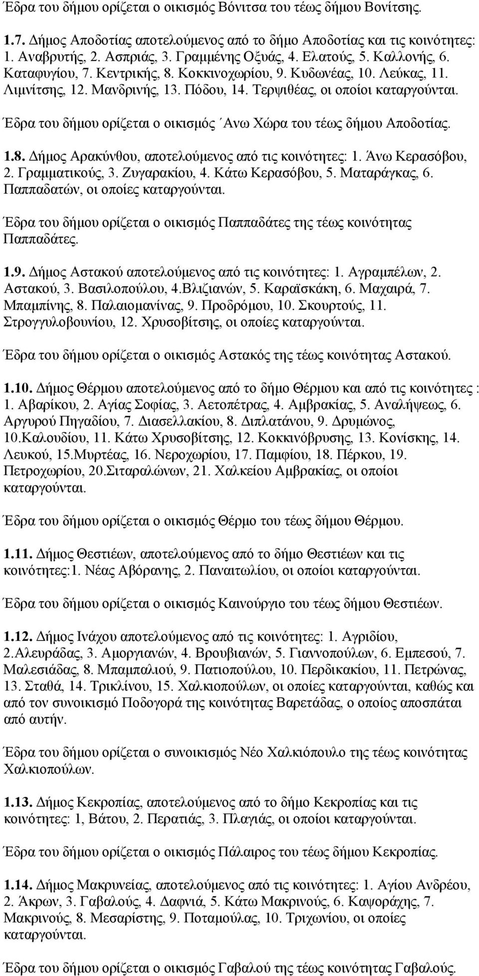 Τερψιθέας, οι οποίοι Έδρα του δήμου ορίζεται ο οικισμός Ανω Χώρα του τέως δήμου Αποδοτίας. 1.8. Δήμος Αρακύνθου, αποτελούμενος από τις κοινότητες: 1. Άνω Κερασόβου, 2. Γραμματικούς, 3. Ζυγαρακίου, 4.