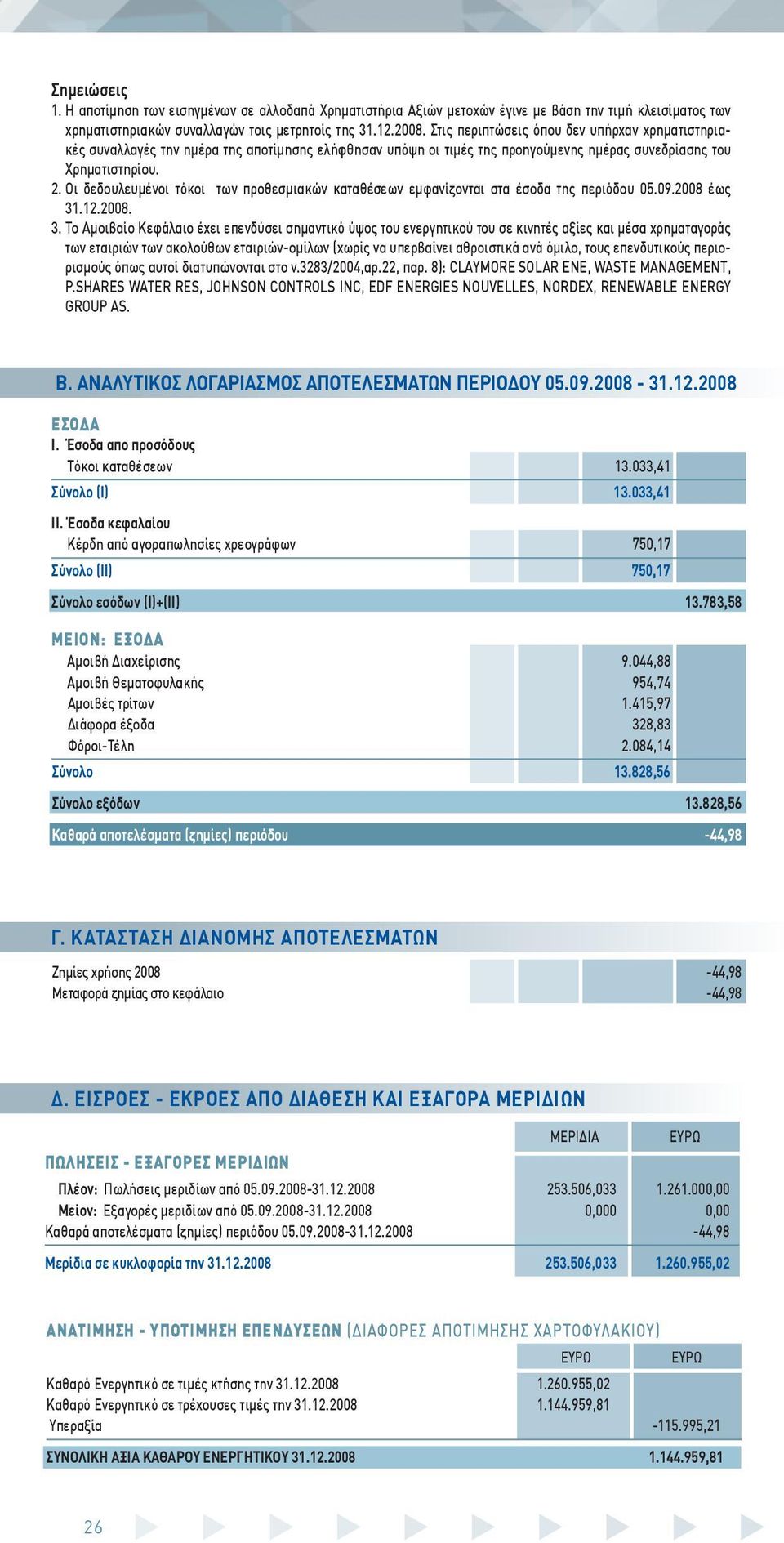 Οι δεδουλευμένοι τόκοι των προθεσμιακών καταθέσεων εμφανίζονται στα έσοδα της περιόδου 05.09.2008 έως 31