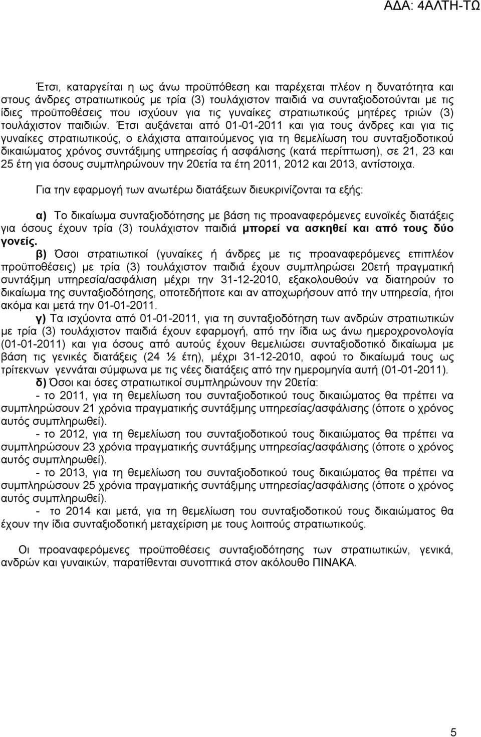 Έτσι αυξάνεται από 01-01-2011 και για τους άνδρες και για τις γυναίκες στρατιωτικούς, ο ελάχιστα απαιτούμενος για τη θεμελίωση του συνταξιοδοτικού δικαιώματος χρόνος συντάξιμης υπηρεσίας ή ασφάλισης