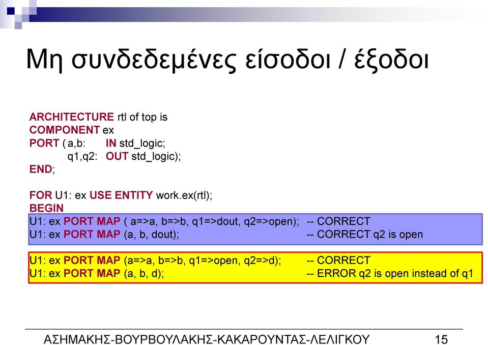 ex(rtl); U1: ex PORT MAP ( a=>a, b=>b, q1=>dout, q2=>open); -- CORRECT U1: ex PORT MAP (a, b, dout); --