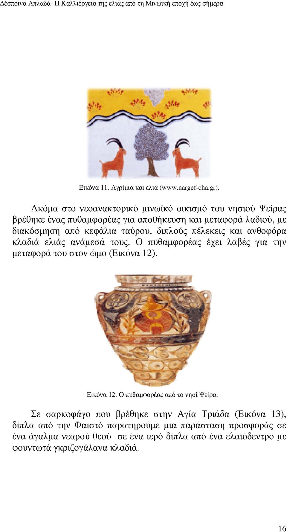 ταύρου, διπλούς πέλεκεις και ανθοφόρα κλαδιά ελιάς ανάµεσά τους. Ο πυθαµφορέας έχει λαβές για την µεταφορά του στον ώµο (Εικόνα 12). Εικόνα 12.