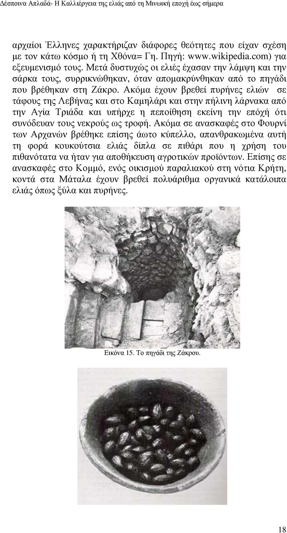 Ακόµα έχουν βρεθεί πυρήνες ελιών σε τάφους της Λεβήνας και στο Καµηλάρι και στην πήλινη λάρνακα από την Αγία Τριάδα και υπήρχε η πεποίθηση εκείνη την επόχή ότι συνόδευαν τους νεκρούς ως τροφή.