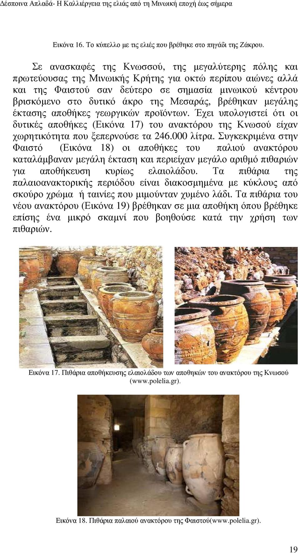 Μεσαράς, βρέθηκαν µεγάλης έκτασης αποθήκες γεωργικών προϊόντων. Έχει υπολογιστεί ότι οι δυτικές αποθήκες (Εικόνα 17) του ανακτόρου της Κνωσού είχαν χωρητικότητα που ξεπερνούσε τα 246.000 λίτρα.