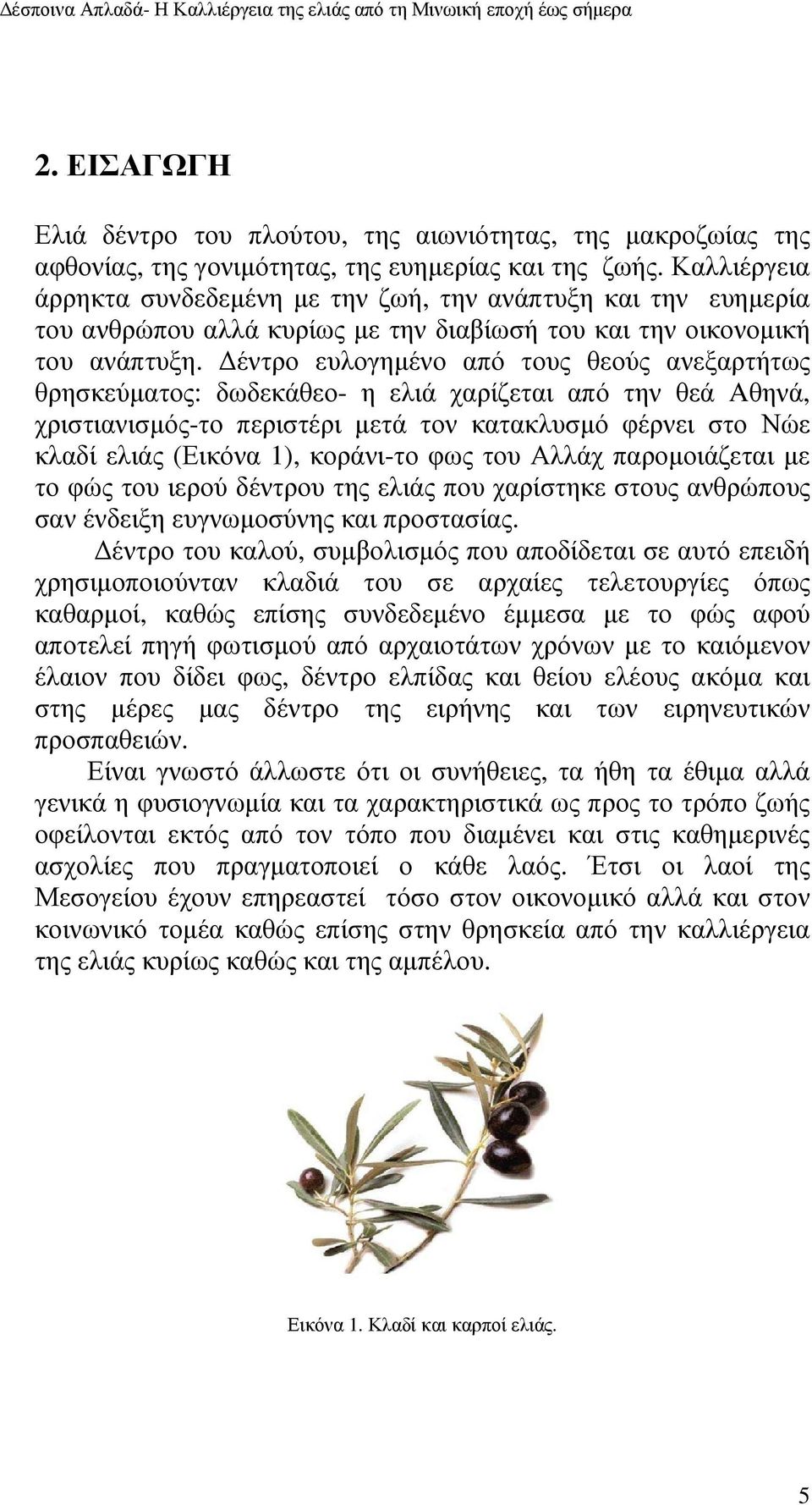 έντρο ευλογηµένο από τους θεούς ανεξαρτήτως θρησκεύµατος: δωδεκάθεο- η ελιά χαρίζεται από την θεά Aθηνά, χριστιανισµός-το περιστέρι µετά τον κατακλυσµό φέρνει στο Νώε κλαδί ελιάς (Εικόνα 1),