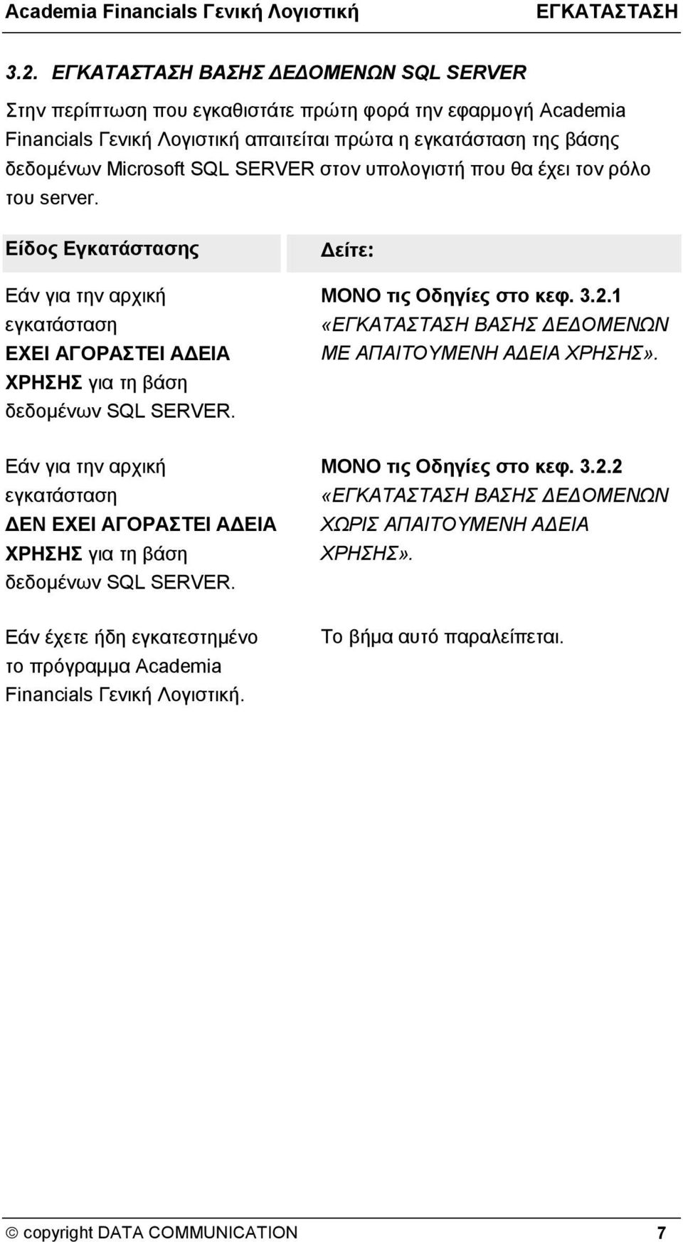 SERVER στον υπολογιστή που θα έχει τον ρόλο του server. Είδος Εγκατάστασης Εάν για την αρχική εγκατάσταση ΕΧΕΙ ΑΓΟΡΑΣΤΕΙ ΑΔΕΙΑ ΧΡΗΣΗΣ για τη βάση δεδομένων SQL SERVER. Δείτε: ΜΟΝΟ τις Οδηγίες στο κεφ.