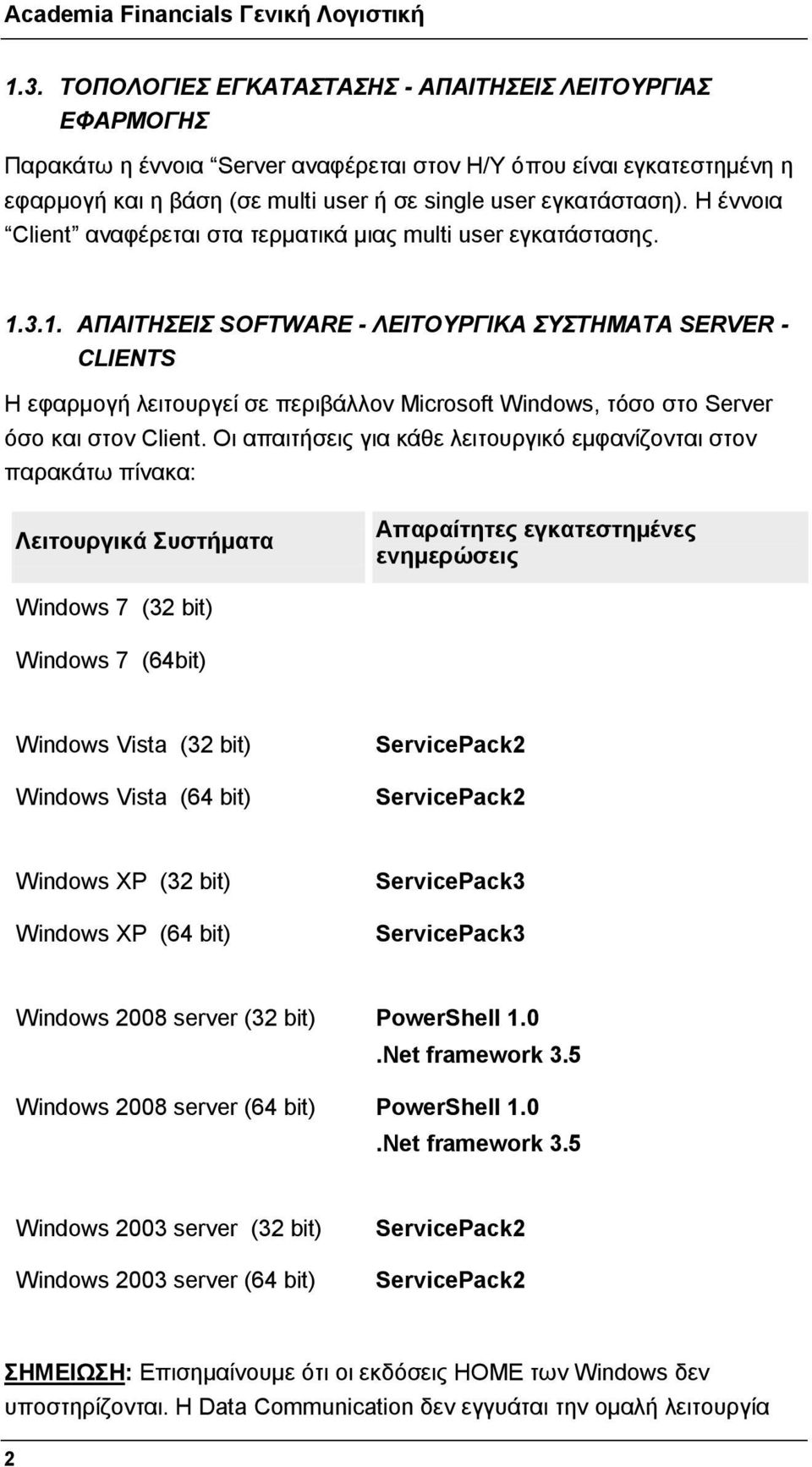 3.1. ΑΠΑΙΤΗΣΕΙΣ SOFTWARE - ΛΕΙΤΟΥΡΓΙΚΑ ΣΥΣΤΗΜΑΤΑ SERVER - CLIENTS Η εφαρμογή λειτουργεί σε περιβάλλον Microsoft Windows, τόσο στο Server όσο και στον Client.