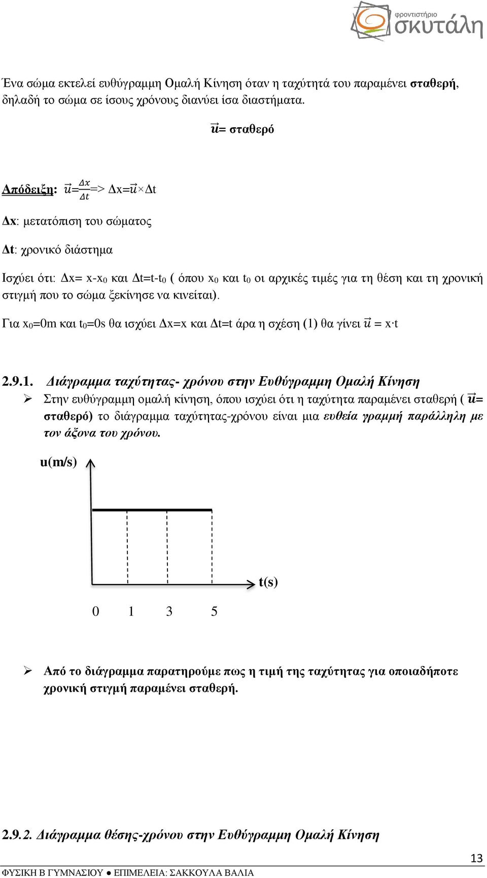 το σώμα ξεκίνησε να κινείται). Για x 0=0m και t 0=0s θα ισχύει Δx=x και Δt=t άρα η σχέση (1)