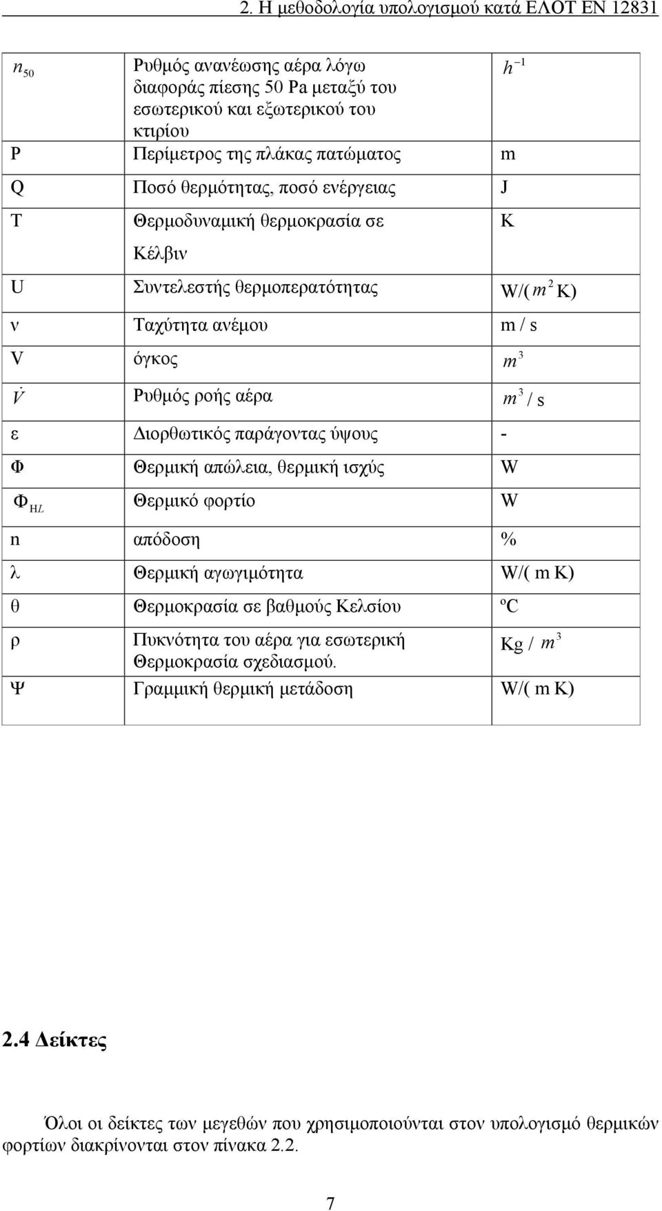 Θερμική απώλεια, θερμική ισχύς W Θερμικό φορτίο W L n απόδοση % λ Θερμική αγωγιμότητα W/( m K) θ Θερμοκρασία σε βαθμούς Κελσίου ºC ρ Πυκνότητα του αέρα για εσωτερική Θερμοκρασία