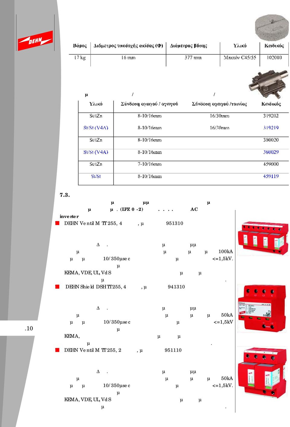 DEHN Ventil M TT 255, 4 πόλοι, µε κωδικό 951310 παράλληλα από τις τρεις φάσεις προς τον ουδέτερο και από τον ουδέτερο προς την γείωση εξασφαλίζοντας έτσι αντοχή από τις προσωρινές υπερτάσεις του